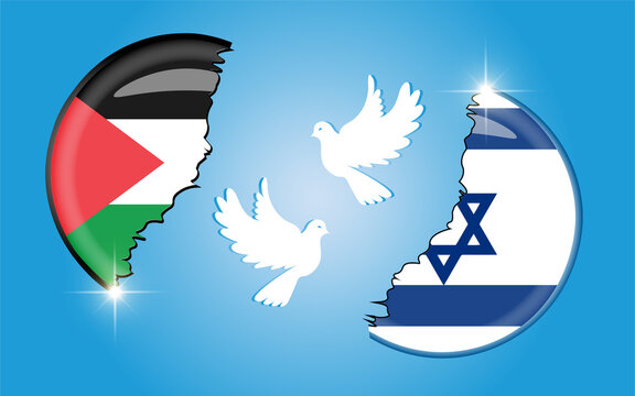  Israel national flag and Palestine official state flag, Cracked 3D Rounded Flag, Campaign buttons. Flying peace dove logo symbol. White doves between the countries. military conflict illustration 