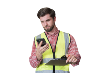 Male worker holding clipboard during working on transparent background. Male engineer working on transparent background