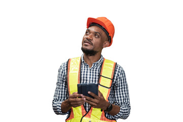 African American male worker using digital tablet during working on transparent background. Mmale engineer working on transparent background