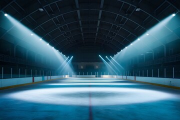 Empty ice rink illuminated by spotlights creating frosty scene