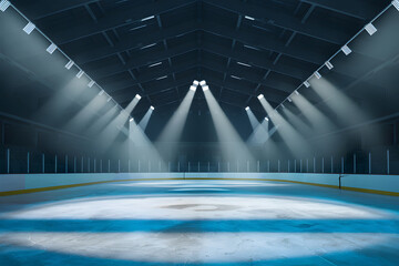 Empty ice rink illuminated by spotlights creating frosty scene - obrazy, fototapety, plakaty