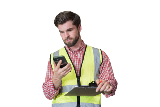Male worker holding clipboard during working on transparent background. Male engineer working on transparent background