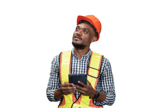 African American male worker using digital tablet during working on transparent background. Mmale engineer working on transparent background
