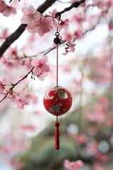 Jepan Furin with a background of cherry blossoms.