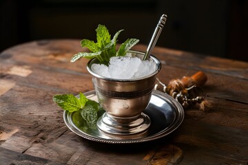 Frosty mint julep in silver cup garnished with fresh mint leaves - obrazy, fototapety, plakaty