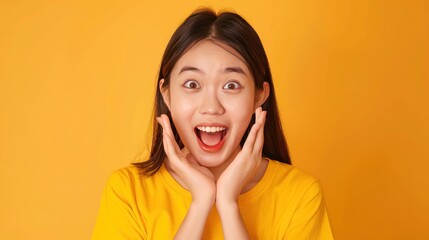 Beautiful young Asian woman happy surprised face while hand gesture isolated yellow. AI generated