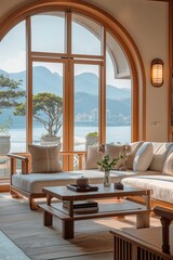 Modern Chinese style interior design, living room with sofa and coffee table, wall arched window with view of mountains and sea, light beige walls,