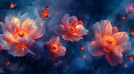 Obraz na płótnie Canvas Celestial Oasis: Glowing Flowers and Prismatic Butterflies in Cosmic Garden