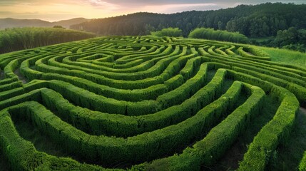 Naklejka premium A large maze of hedges in the middle of a field, AI