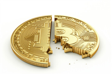 Gold bitcoin coin broked in half