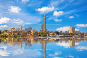 View on the Cairo Tower at cloudy day, Gezira island in the Nile, Egypt