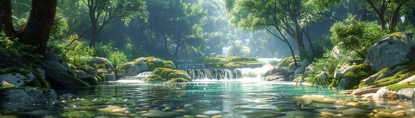 A beautiful, serene forest scene with a small stream running through it