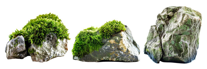 set of moss-covered rocks, illustrating nature’s artistry in humid environments, isolated on transparent background - obrazy, fototapety, plakaty