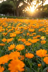 Obraz premium The ground is covered with orange flowers, and the sky in front has a beautiful sunrise. 