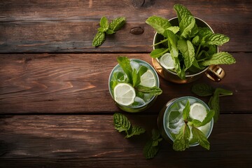 High angle shot of mint julep preparation with rustic wooden background - obrazy, fototapety, plakaty