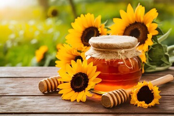 Honey jar on wooden table with sunflowers for natural setting