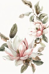white magnoilia and pink pastel pionees with green and light brown leaves, layered to form a circle, style of watercolor