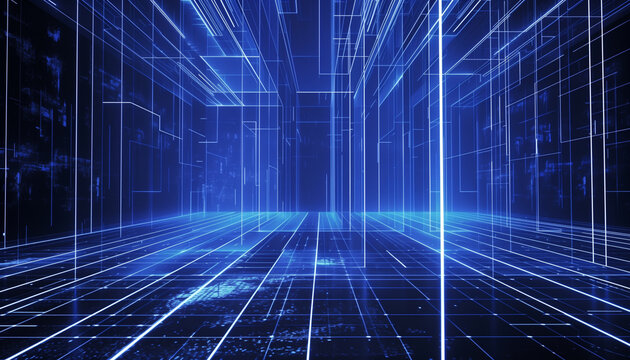 Cybernetic Dreamscape: A Vibrant Digital Grid Illuminated with Neon Blue Hues in a Virtual Reality World