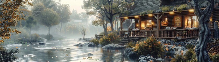 A house with a porch and a river in the background - obrazy, fototapety, plakaty