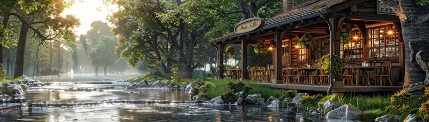 A small restaurant is located on the side of a river