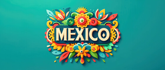 Colorful floral "MEXICO" lettering centerpiece with a vibrant, festive design, ideal for travel brochures and cultural event flyers with copy space