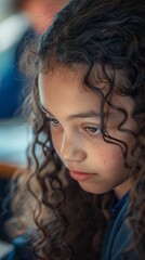 Young girl with curly hair looking at a cell phone. Vertical background 