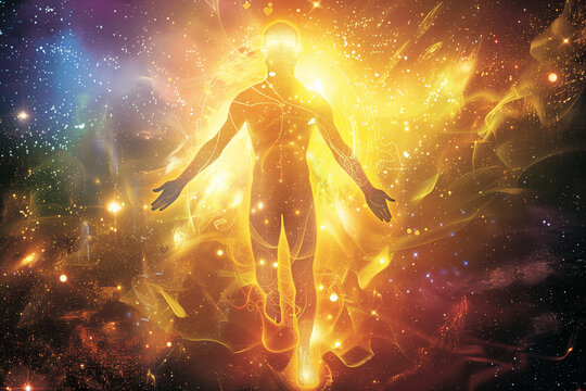 luminous aura of a human body, intertwined with the glowing energy of an astral body, surrounded by a softly radiant causal body, against a cosmic backdrop, symbolizing the transce