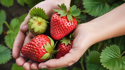 Delicious big strawberries with green leaves with hand holding strawberries red fruit fresh newly...