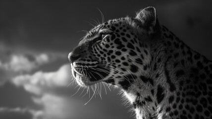 Close up Black and white photography of the Lion taken on safari, dark with clouds. Animal...