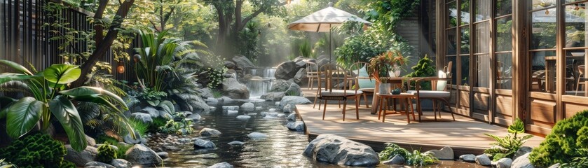A beautiful garden with a stream running through it
