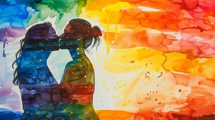 two girls kissing, rainbow watercolor background. For Pride Month, banner, design, advertisement, web, social media, shop, presentation, poster