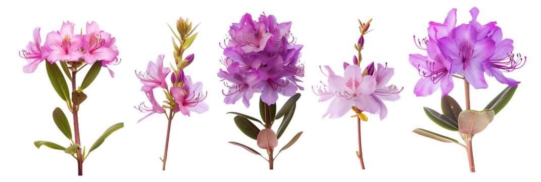 set of rhodora (Rhododendron canadense), notable for their spectacular purple flowers, isolated on transparent background