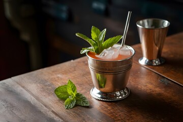 Mint julep cocktail in silver cup with fresh mint garnish - obrazy, fototapety, plakaty