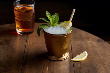 Mint julep drink with fresh mint sprig and lemon slice - obrazy, fototapety, plakaty