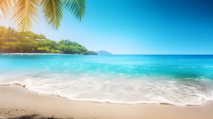 Sunny tropical ocean beach with palm trees and turquoise water background