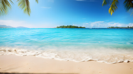 Fototapeta na wymiar Sunny tropical ocean beach with palm trees and turquoise water background