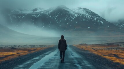 A person walking down a road in front of mountains, AI - Powered by Adobe