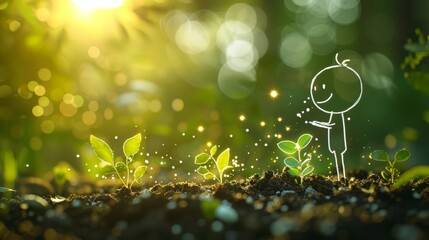 Smiling stick figure in the sunshine nurturing young plants depicts a serene moment of care and growth - obrazy, fototapety, plakaty