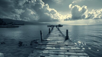 A long wooden pier leading to a boat in the ocean, AI
