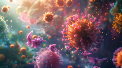 Fototapeta premium Microscope image between pollen and immune cells in the respiratory tract. Time of allergic reaction , cell function, science, treatment