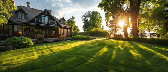 Sunset glow on a luxurious country home with a vibrant green garden. Generative AI