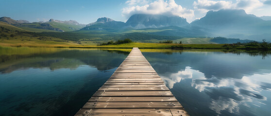 Tranquil lake with wooden pier leading towards distant mountains under a clear blue sky. Generative AI - obrazy, fototapety, plakaty