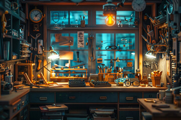 A miniature workshop filled with tiny tools and crafting materials, with a pair of miniature spectacles perched on a workbench.