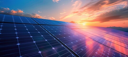 Photo of solar panels against the backdrop of sunset at a solar power plant on a roof. Green energy concept. - obrazy, fototapety, plakaty