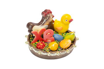 chocolate Easter egg and chicken handmade on white background