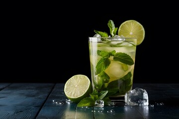 Refreshing mint cocktail mojito on black backdrop with lime and ice