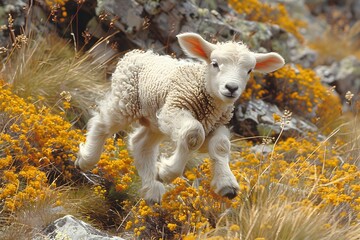 Baby Sheep Running Through Field of Yellow Flowers. Generative AI