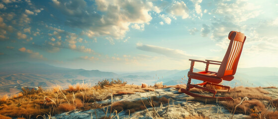 
Serenity at sunset: a lone rocking chair overlooking a vast valley. Generative AI
