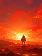 Lone Astronaut Stands Amidst the Desolate Beauty of the Martian Landscape Gazing into the Vast Crimson Sky as the Sun Dips Below the Horizon
