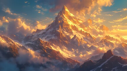 Majestic Mountain Peak Bathed in Golden Sunrise Glow